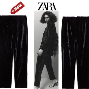 Zara Festive Days Black velvet high waisted tapered ankle pants Sz M NWT